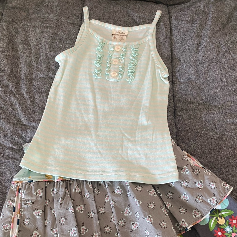 Matilda Jane, size 6, tank with ruffles, blue and cream stripes